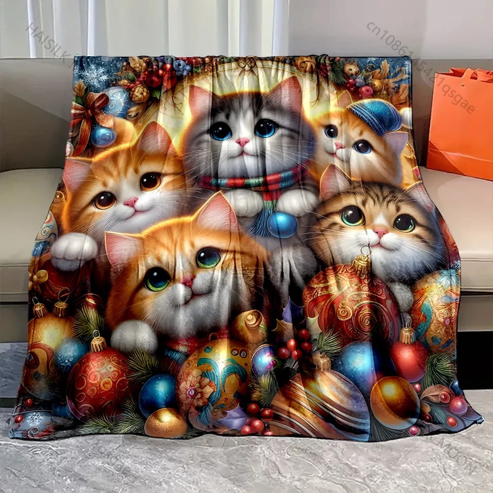 Gattini festivi con ornamenti natalizi Coperta modello Materiale in flanella Morbido caldo per tutte le stagioni Picnic da campeggio all'aperto per la casa