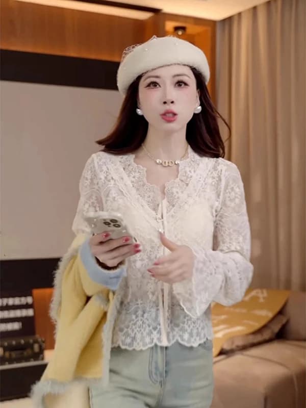 Elegant Women's Lace Shirt Loose Fit Fashionable Korean Style V-Neck Long Sleeve Casual Wear Spring 2026 Trendy Design