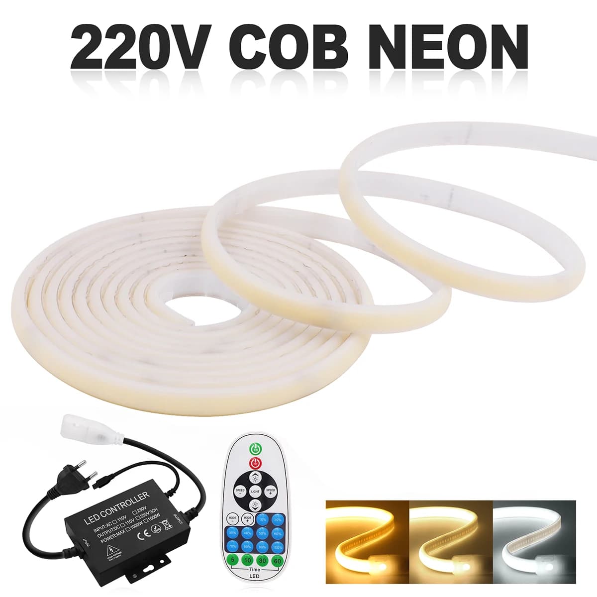 Striscia LED COB Dimmerabile 220V con Telecomando a 23 Tasti, Controller 1500W con Spina EU UK AU, 288 LED, Impermeabile IP67, Lampada Flessibile 0,5m-27m