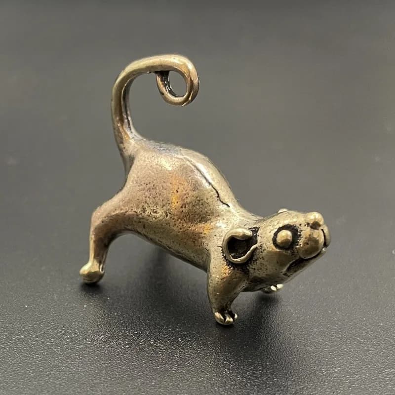 Ottone antico Piccolo tè Ornamento per animali domestici Coda lunga Figurine di topo carino Miniature Rame Ratto fortunato Studio Decorazioni per il soggiorno