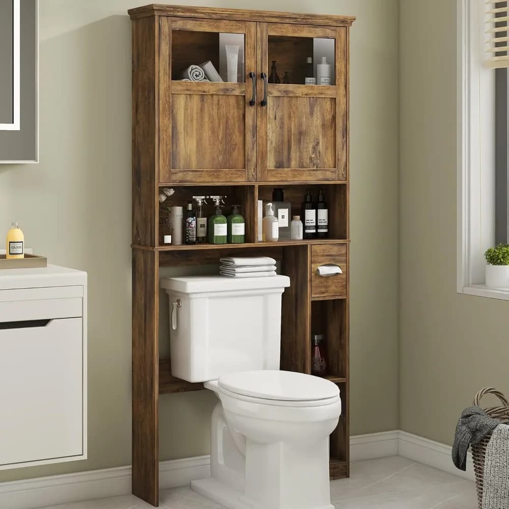 Mobiletto da bagno sopra il WC con doppia anta, porta carta, autoportante, ripiano regolabile, anti-ribaltamento, marrone