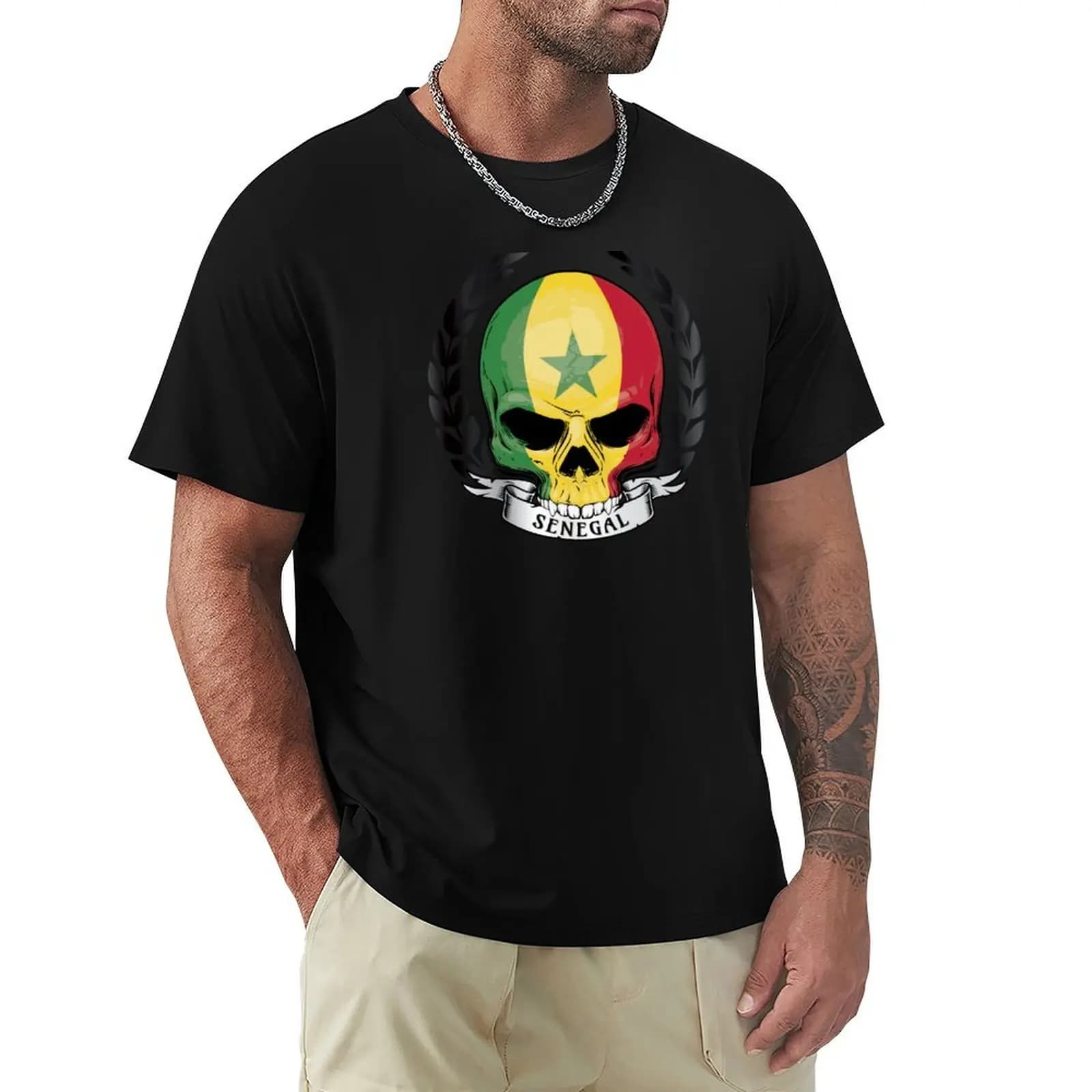 Senegal Skull And Ribbon T-Shirt Soft Casual Short Sleeve Cotton Tee