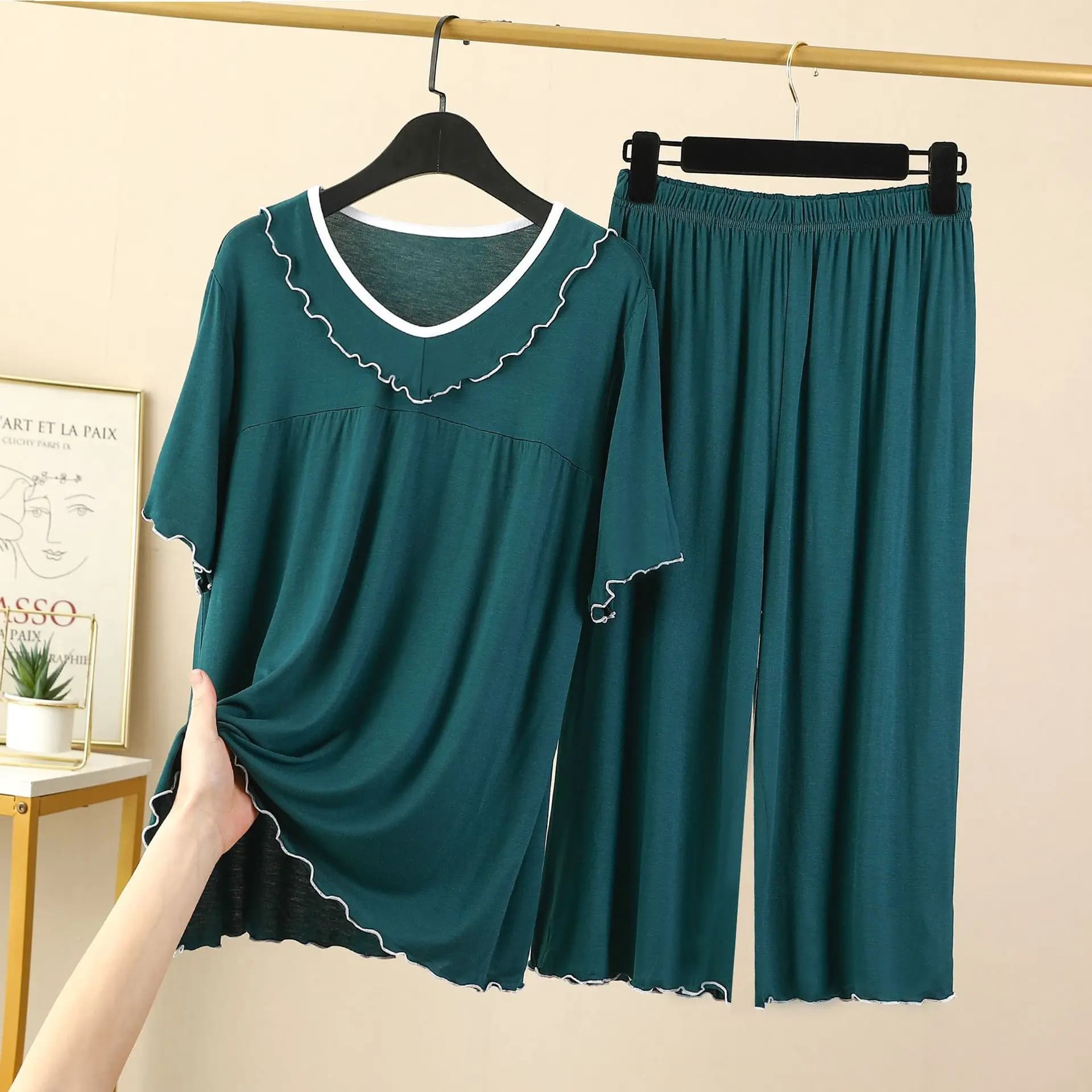 Women's Pajamas Set New V Neck Short Sleeve Capri Pants Suit Modal Casual Sleep Wear Home Clothing Night Pijamas Sets Female