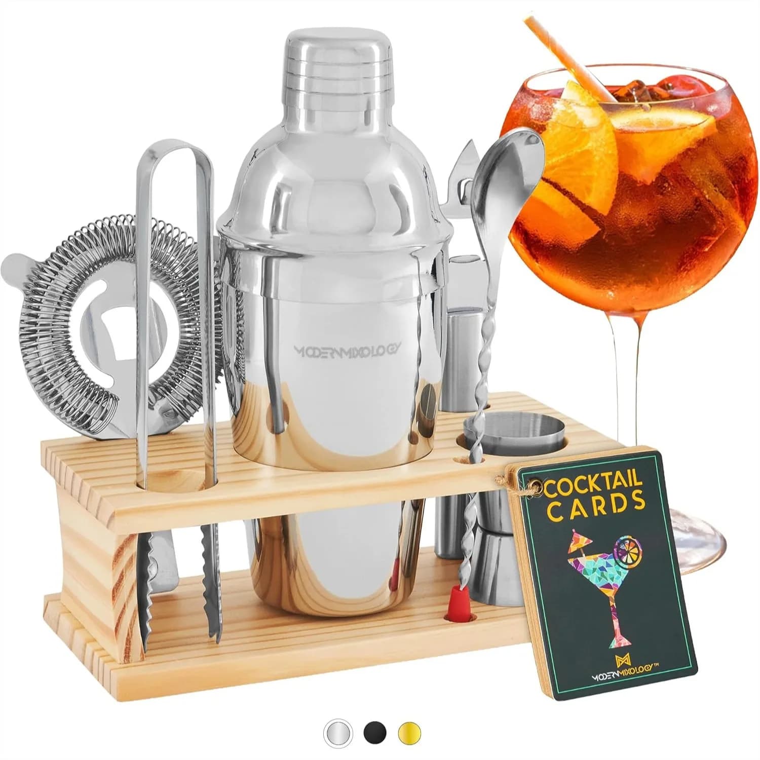 Set Shaker per Cocktail con Supporto in Pino - Kit da Barman Antigoccia Include Shaker per Martini, Jigger, Colino, Cucchiaio, Pinze - Perfetto