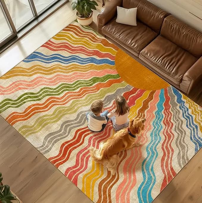 High-end Creative Living Room Mat Bedroom Carpet with Colorful Corrugated Solar Printing Large Area Soft Table Mat Washable in Washing Machine Tapis