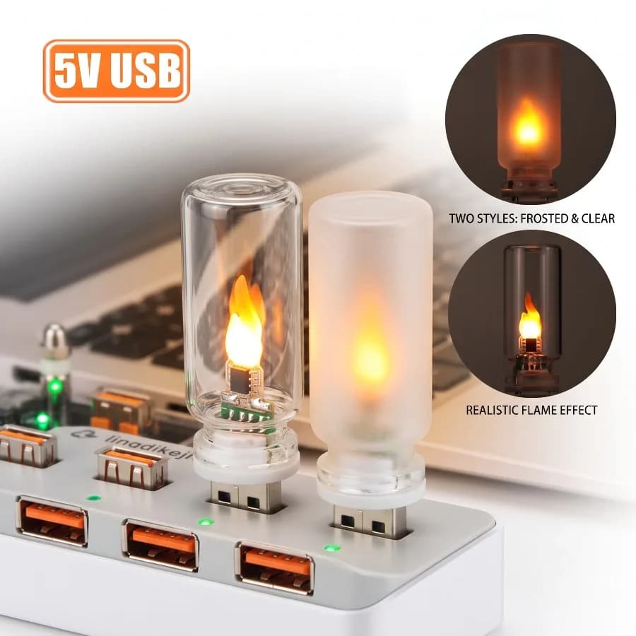 5V USB LED Flame Type Night Light Frosted Clear Glass Flickering Candle Decorative Touch Control Mood Lighting for Car Home Lamp