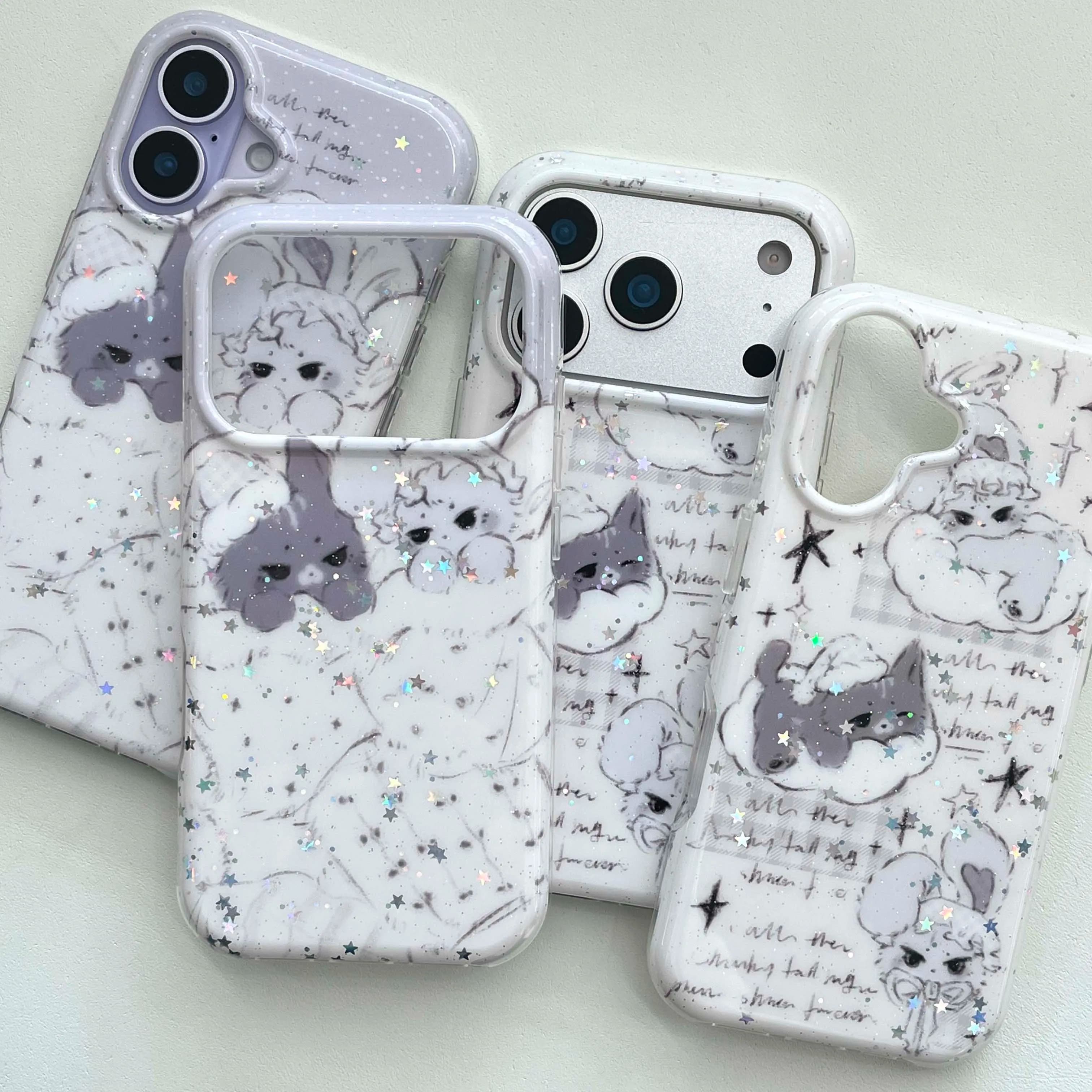 Cute rabbit cartoon bunny imd back cover bracelet gliiter shiny lovely phone case for iphone 15 16 17 pro max 13 14 promax cover