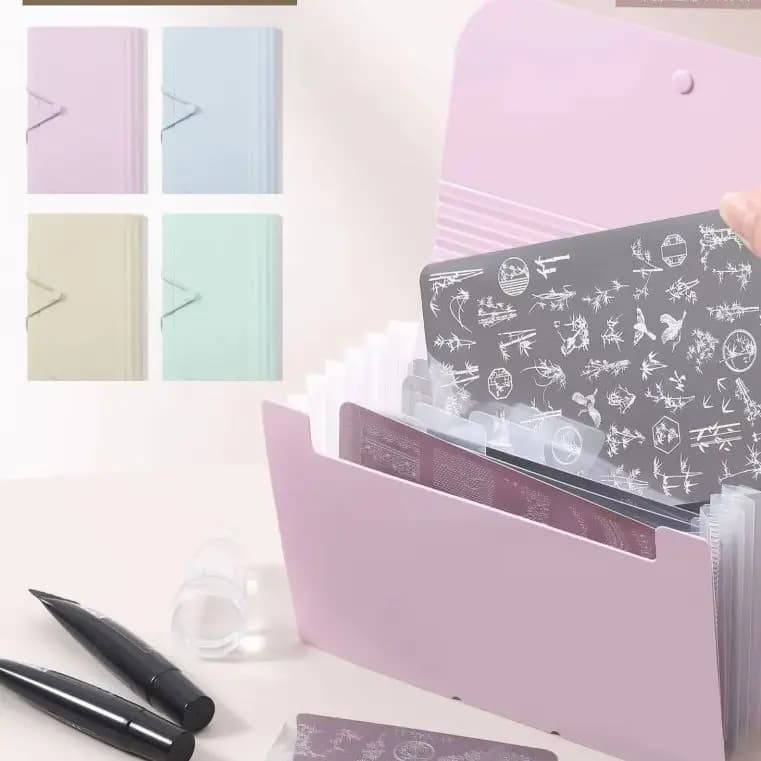 Cartella portadocumenti a fisarmonica multistrato di alta estetica Macaron, organizer compatto e portatile per nail art, per la conservazione delle placche per stampa unghie