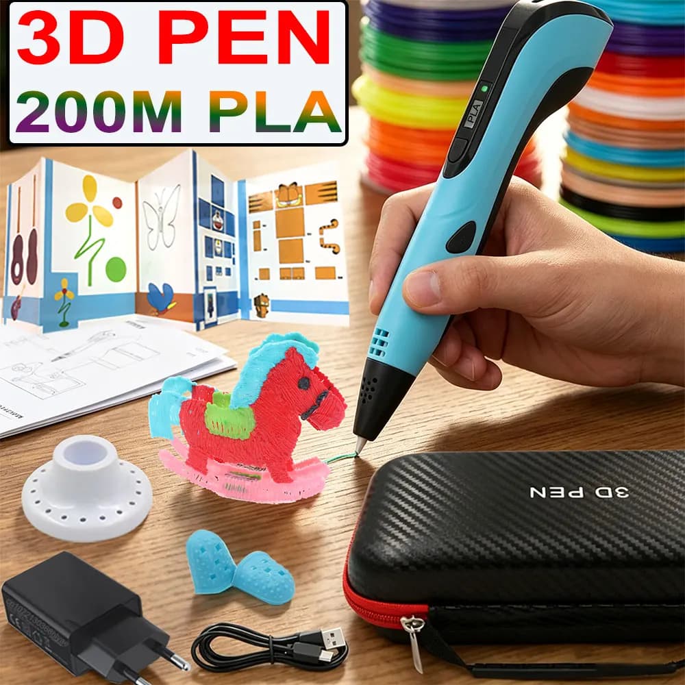 Nuovo Set di Penne per Stampa 3D con Display LCD, Adattatore di Alimentazione, Filamento PLA, Scatola da Viaggio, Regalo di Compleanno e Natale per Bambini