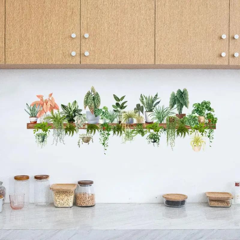 Adesivi Murali 1 Pezzo con Piante in Vaso Dipinte di Verde, Decorazione per Soggiorno, Cucina, Sfondo Casa, Carta da Parati Autoadesiva