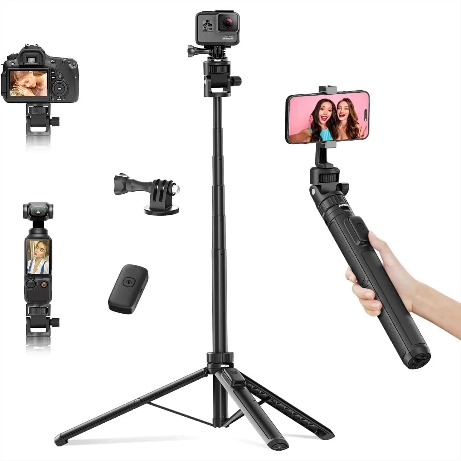 Treppiede per fotocamera da 70 pollici con telecomando wireless per action camera, smartphone e vlogging