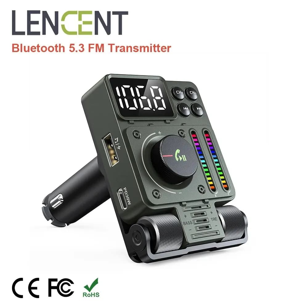 LENCENT Bluetooth 5.3 FM Transmitter for Car Music Player with Adjustable Sound for High and Low Support PD30W Quick Charging Car Kit