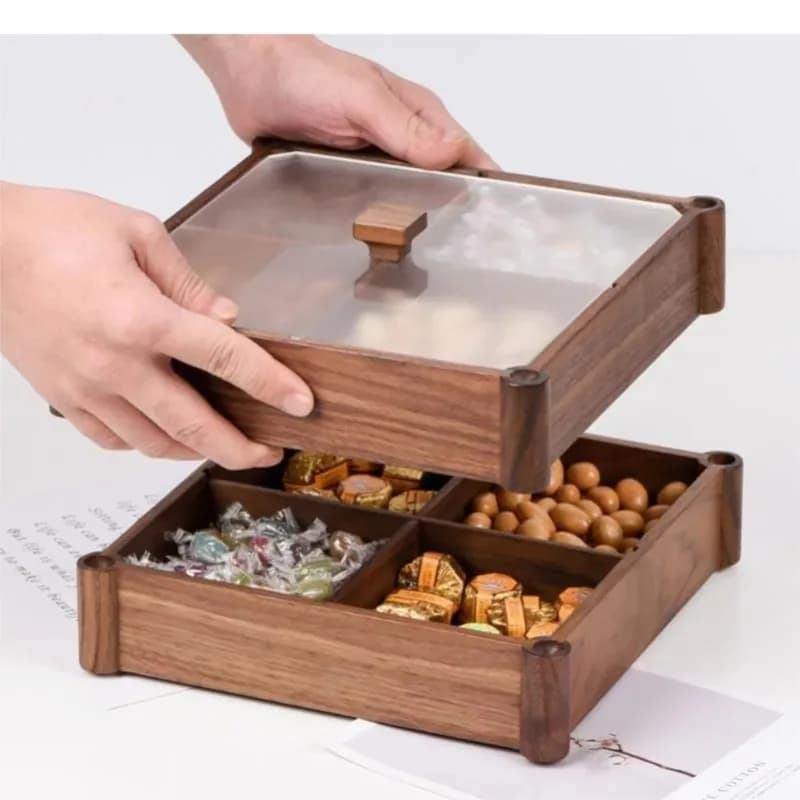 Scatola in Legno per Conservare Quattro Tipi di Frutta Secca con Coperchio, Vassoio a Doppio Strato per Snack e Frutta, Contenitore da Cucina Nuovo