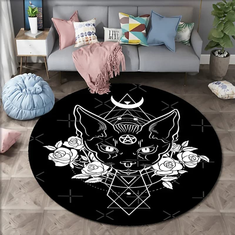 Tappeto rotondo con trono di gatto satanico in velluto di cristallo, tappetino nero per camera da letto, soggiorno, sedia da bagno