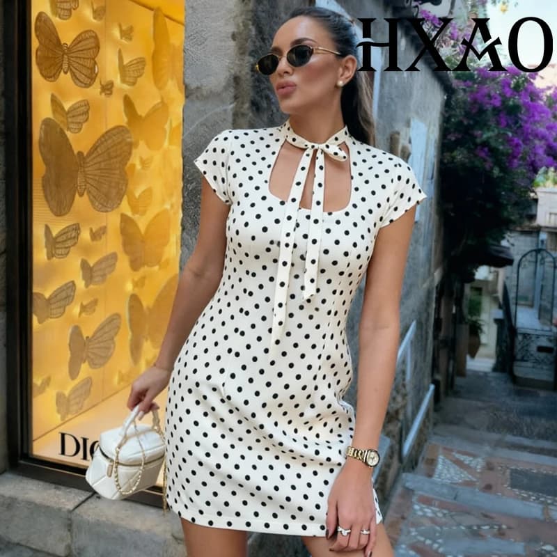HXAO Nuovo Abito da Donna a Pois con Cut-Out e Laccetti, Elegante per Feste, Vestito Mini Aderente Primavera Estate, Abito Corto da Resort