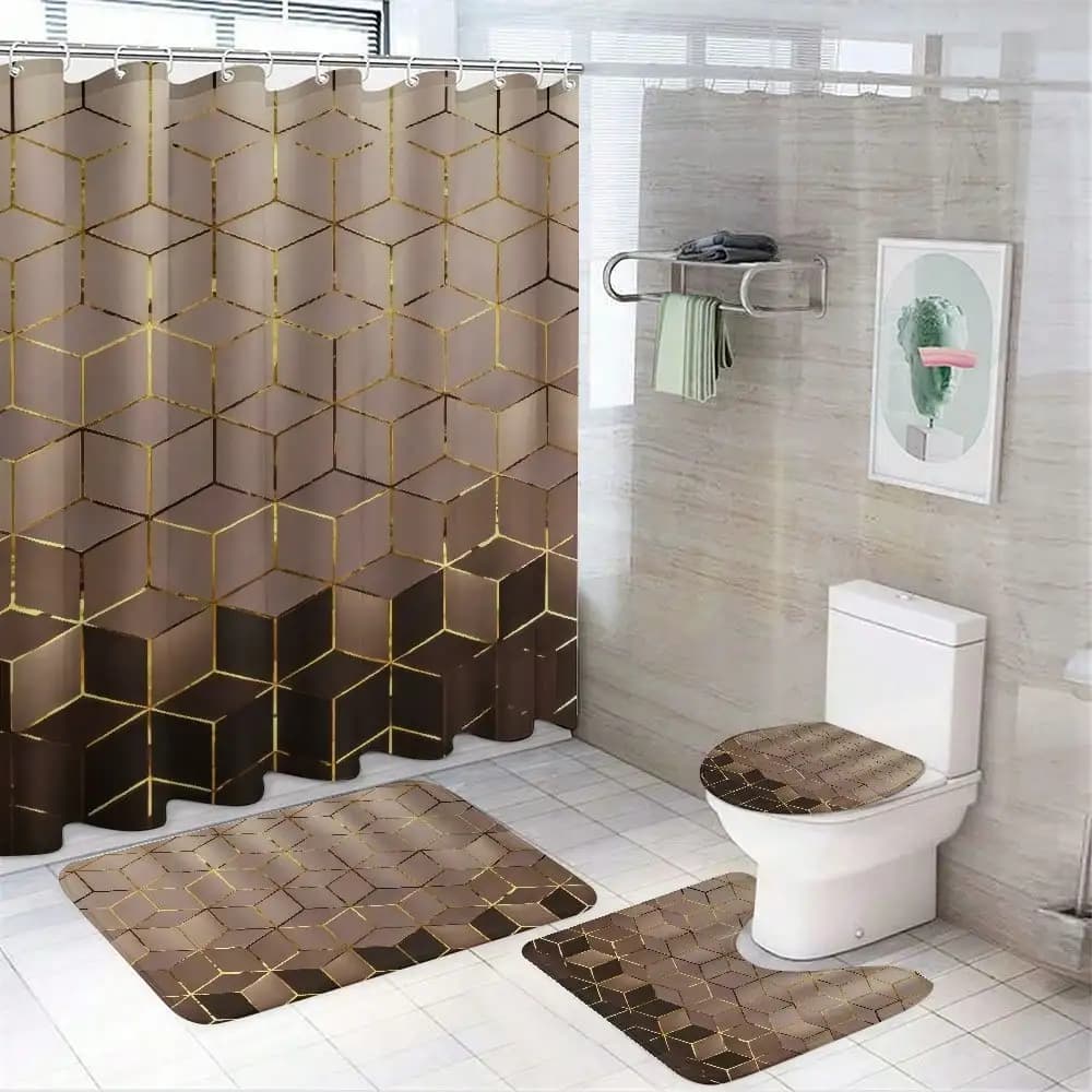 1PC/4PCS Gold Geometric Hexagon Bathroom Set, Waterproof Shower Curtain With 12 Hooks + Non-Slip Bath Mat + U-Shaped Floor Mat + Round Toilet Lid Cover, Modern Luxury Home Decor sh260326111655463101263