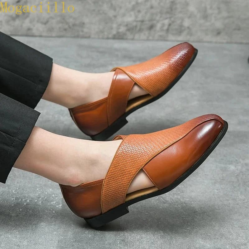 Handmade Men's Hollow Out Leather Sandals Plus 38-47 Summer Breathable Slip on Loafers British Style Cutout Casual Dress Shoes