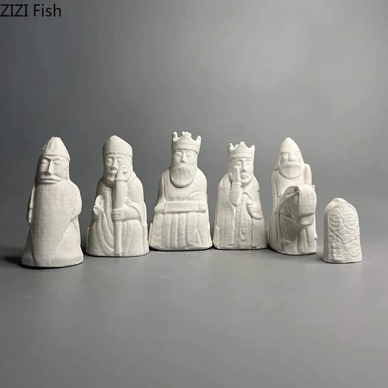 6 Pcs Lewis Chess Replica Plaster Statue -set Table Ornaments Decoration Creative Artwork Figures Sculpture Room Aesthetic Decor