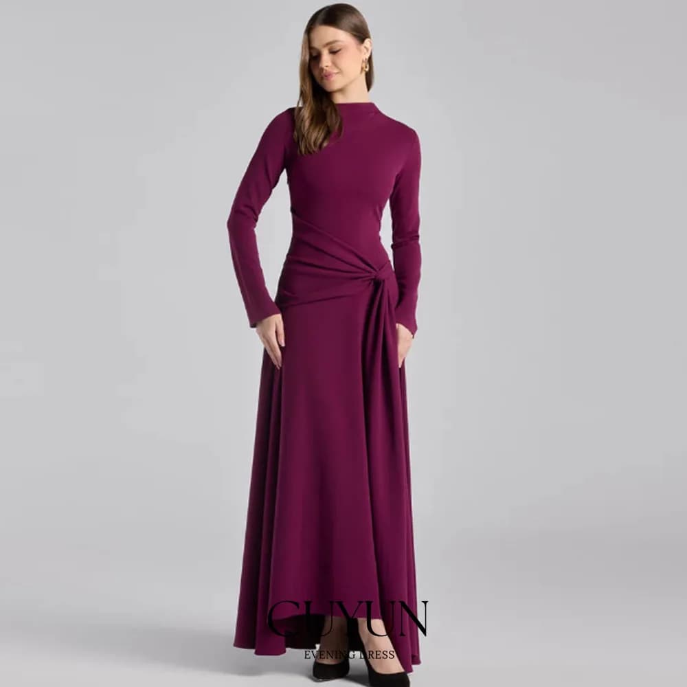 CUYUN maniche lunghe eleganti abiti per invitati al matrimonio viola crepe drappeggiato collo asimmetrico maxi abito abito da festa personalizzato 2026