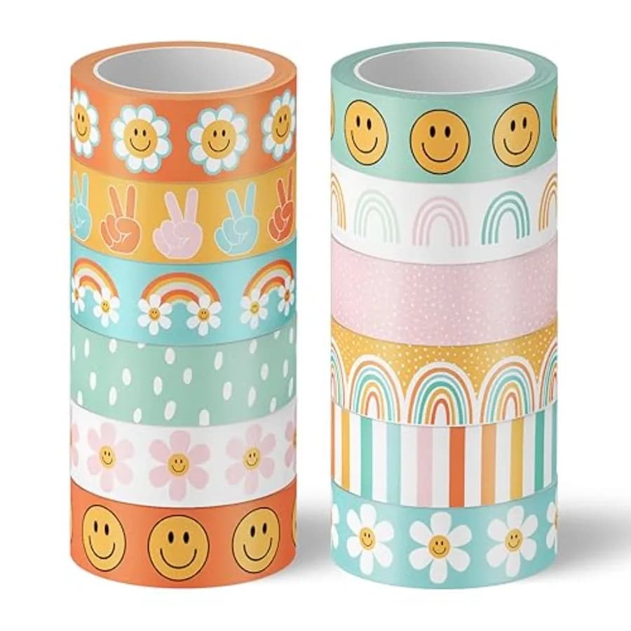 12 Rolls Washi Tapes Rainbow Smile Face Flower Pattern Washi Masking Tapes Colorful Decorative Adhesive Tape for Scrapbook Jour