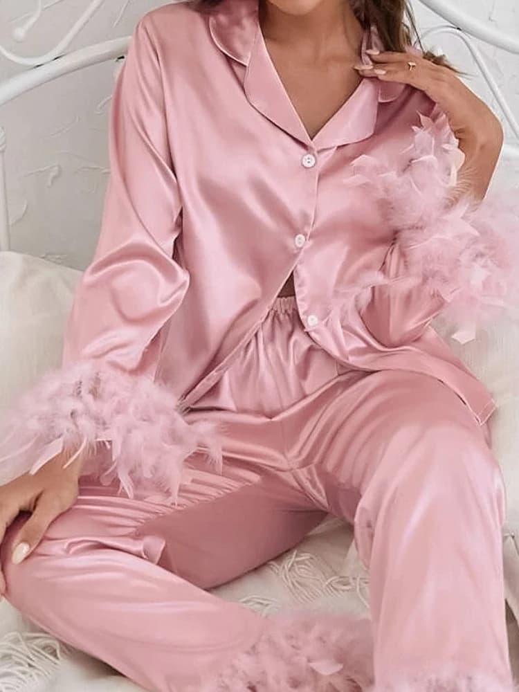 Spring Women's Silk Satin Pajamas Set Feather Trim Cuff 2 Piece Loungewear Long Sleeve Button Down Shirt Pants Set Sleepwear