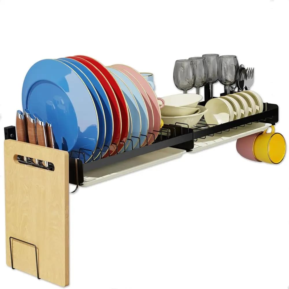 Black wall side dish with cutting board, 4 hooks, 2 exhaust trays, ideal for apartments and campers, adhesive installation,