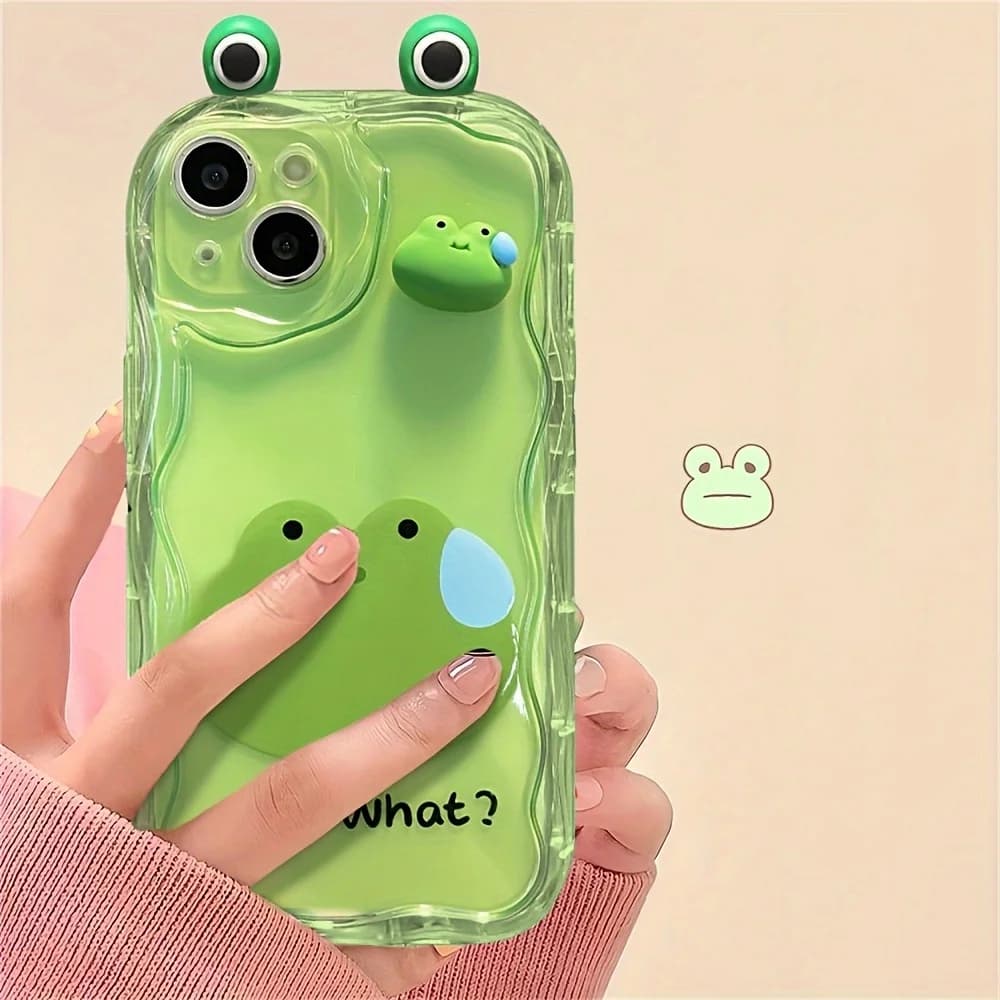 Phone Case: Cute Cartoon 3D Transparent Pink Rabbit Green Frog Brown Bear Wavy Border Protector Phone Soft Phone Case for iPhone 15 14 13 12 11 Pro Max XS Max X XR Soft Cover