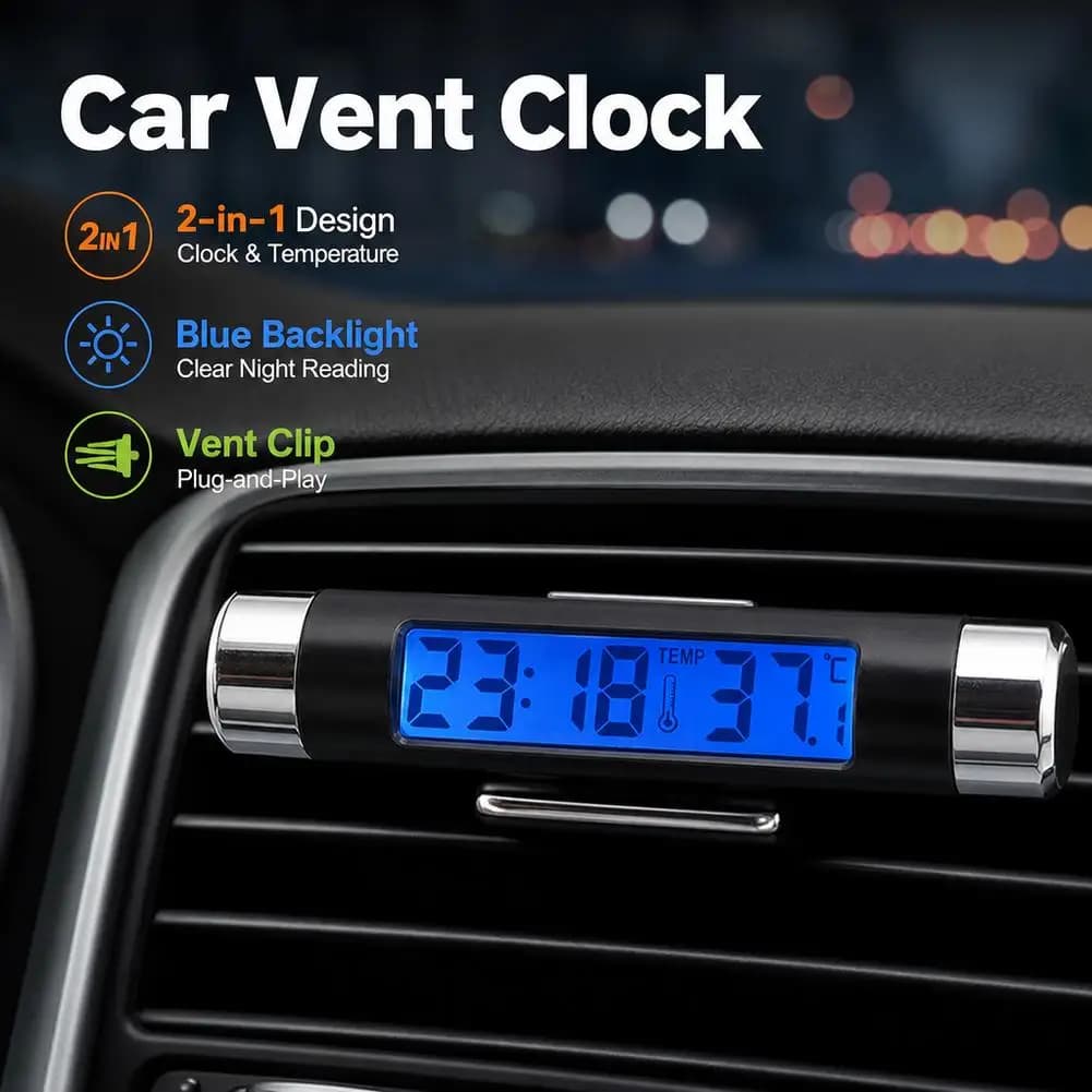 Car Air Vent Digital Clock Thermometer 2 in 1 LED Backlight LCD Display Auto Interior Outlet Clip Temperature Meter Gauge