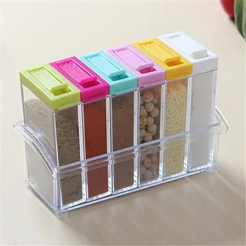 Scatola per condimenti trasparente a sei griglie Set da sei pezzi Forniture da cucina Bottiglia di plastica Scatola per barattolo di condimento per sale MSG