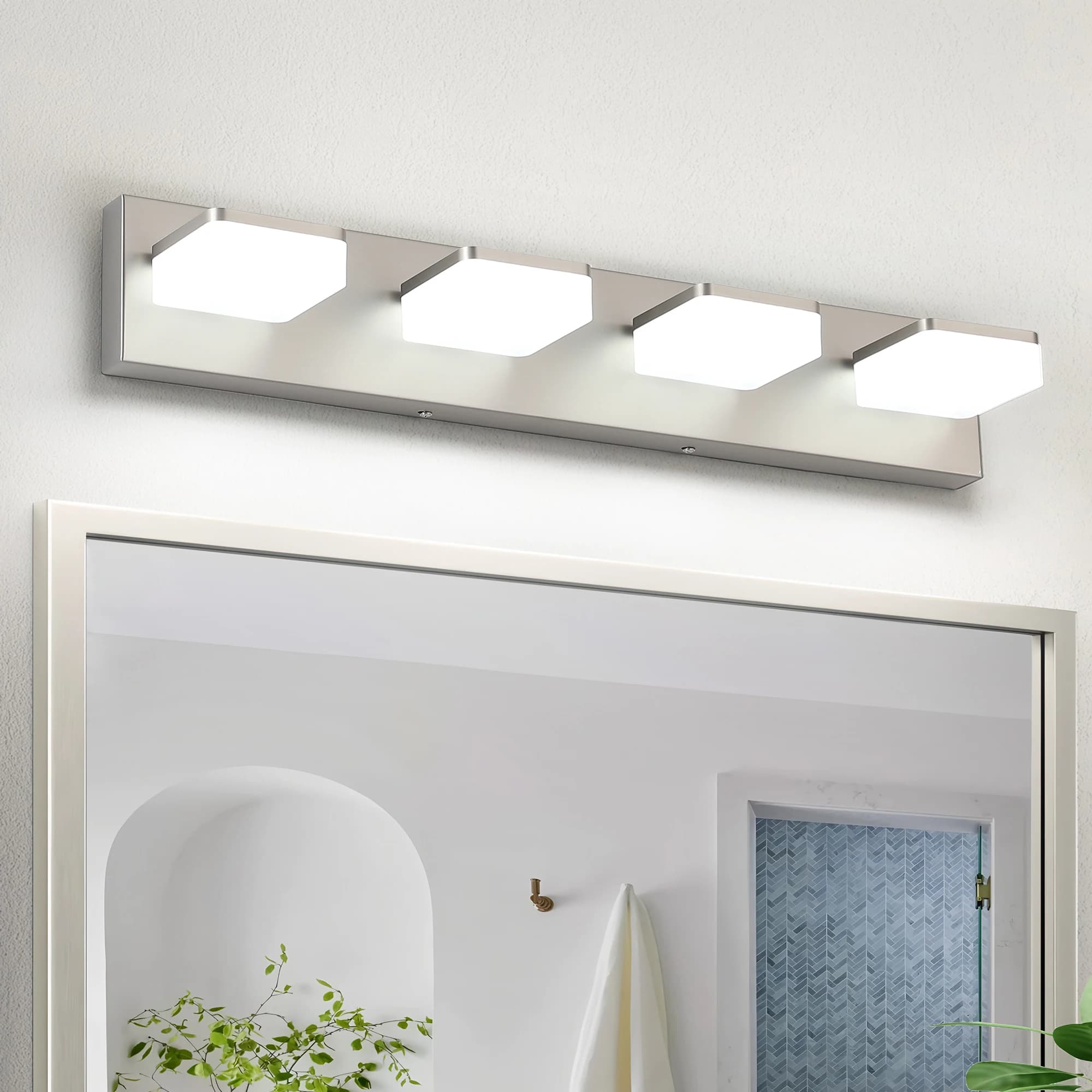 Faro a specchio moderno a LED da 25,59 pollici, 360 ° Luce artistica rotante, acrilico + metallo, lampada da bagno dimmerabile