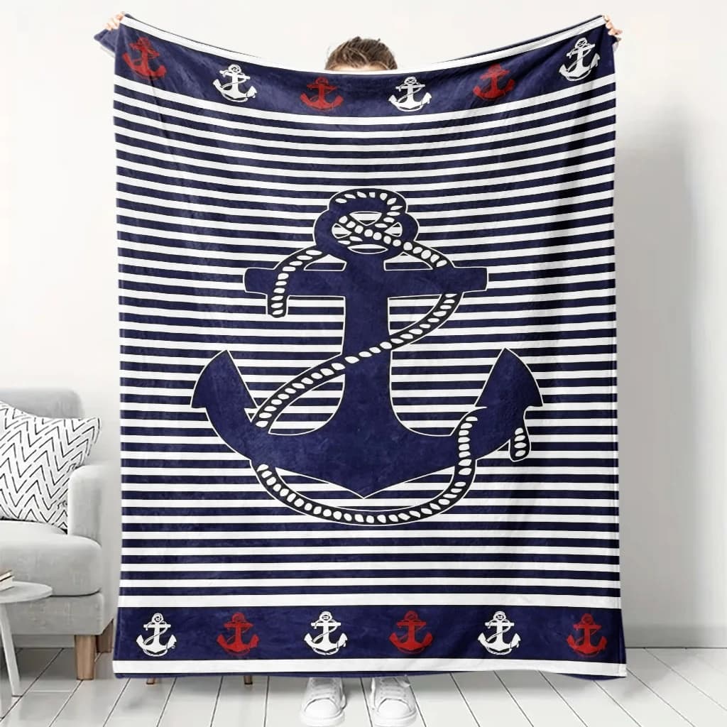 Classic Marine Striped Large Anchor Rope Print Nautical Border Blanket, Warm Cozy Blanket, Nautical Decor Gift Bedroom Rest Use