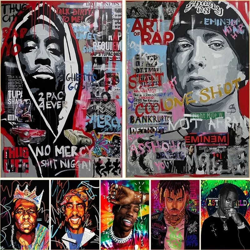 Freddie Mercury 2PAC Tupac Biggie Street Pop Art Graffiti Cantanti Hip Hop Rockstar Tela Pittura Wall Art per la Camera Home Decor