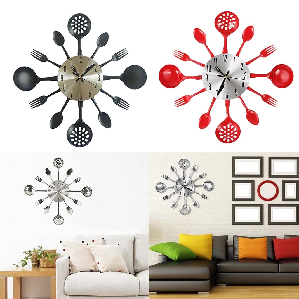 Orologio da Parete Creativo per Cucina con Utensili, Silenzioso Senza Ticchettio, Rotondo in Acciaio Inossidabile per Arredamento Casa