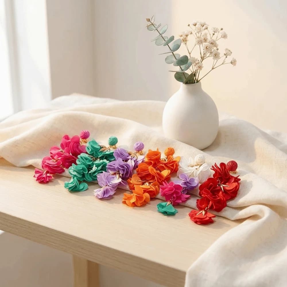 Layered Chiffon Fabric Flower Clip-On Earrings Petal Design Long Bohemian Tassel Ear Cuffs Colorful Muliticolor