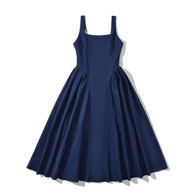 YENKYE Donna Sexy Elegante Blu Navy Abito dal carro armato Collo quadrato Vita bassa A-line Midi Abiti da festa da sera Abito estivo 2025