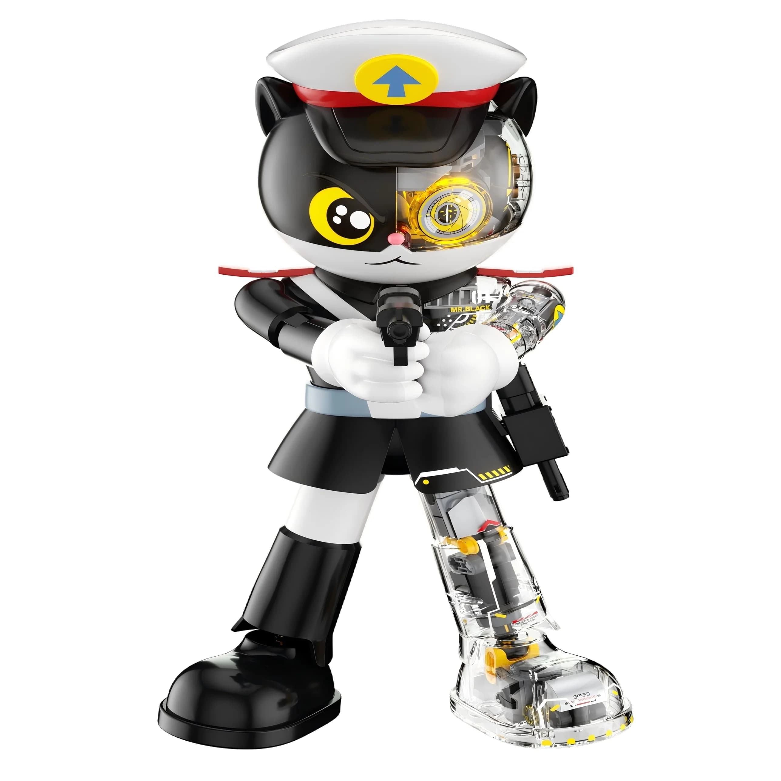 Modellino Gatto Nero Sceriffo con Luci LED, Occhi Illuminati, Articolazioni Semimeccaniche, Espositore da Scrivania, Regalo per Adulti, Bambini e Appassionati