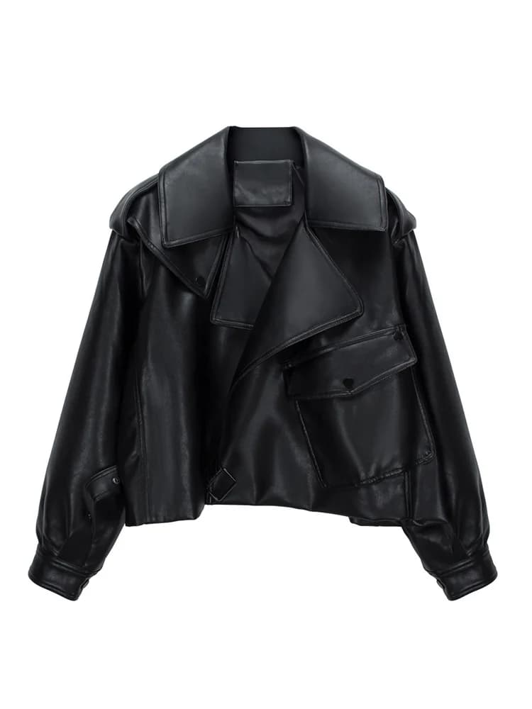 Ailegogo High Street donna risvolto sciolto Pu ecopelle giacca corta primavera autunno femminile grande tasca cintura cappotto Moto Biker Outwear