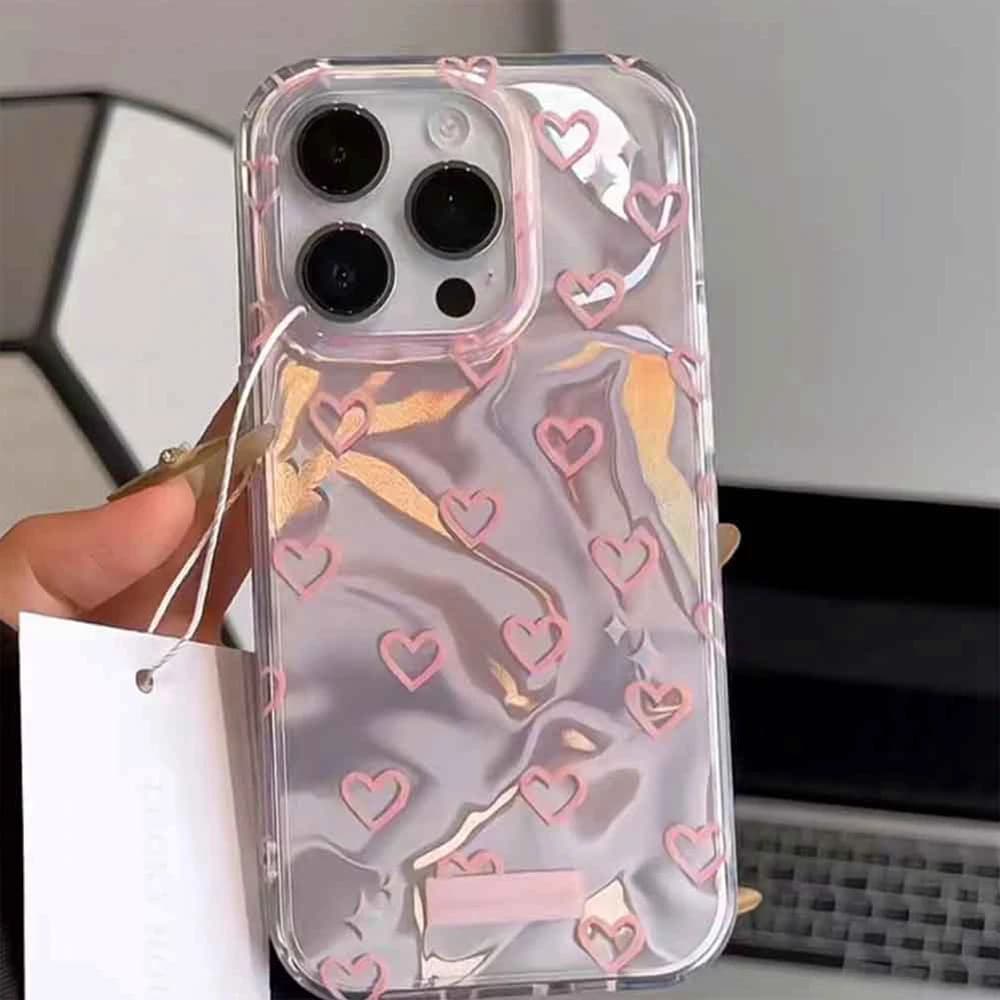Korean Pink Love Heart Women INS Phone Case for iphone 16 14 12 15 13 11 Pro Max 7 8 Plus X XS XR SE 2022 2020 16e 17 Air Cover