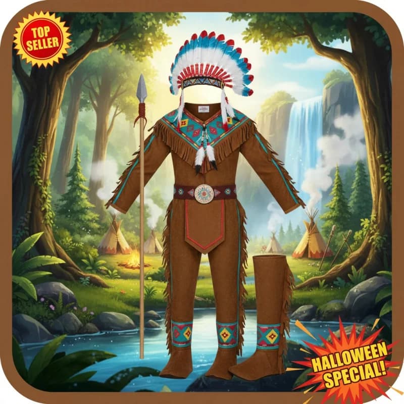 ☣ 2026 Bambini ★ Costume da Nativo Americano per Halloween, Set da Guerriero Tribale Indiano Marrone per Ragazzi ☣ ~!
