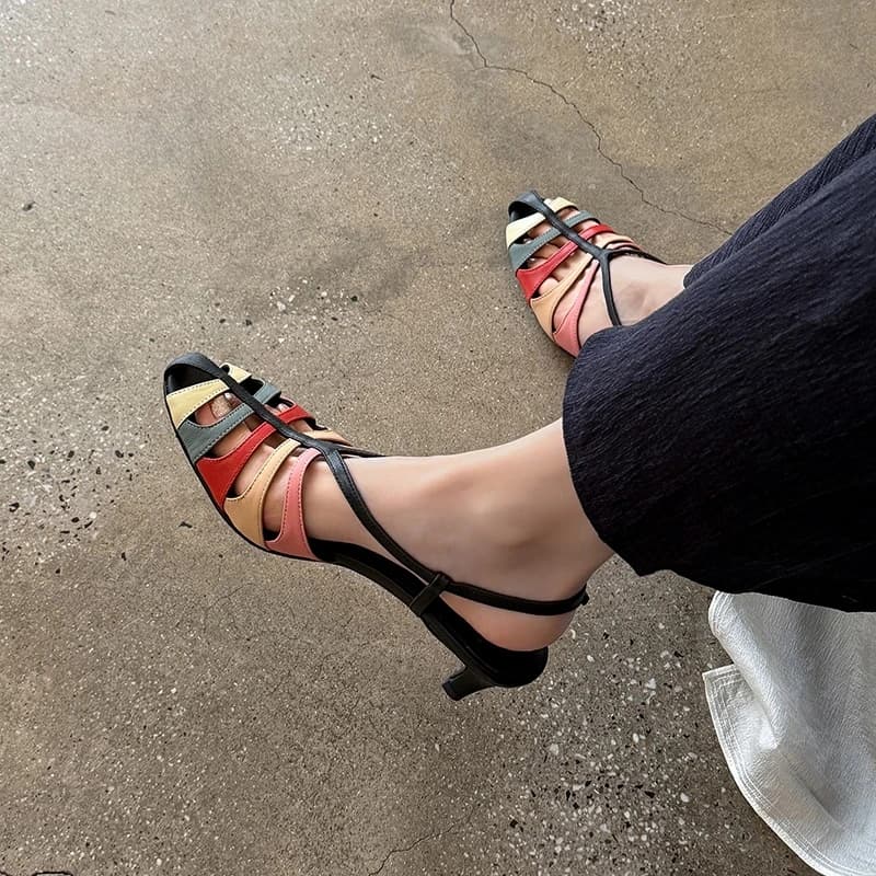 2026 New Genuine Leather Cowhide Women Sandals Buckle High Heels Mixed Color Sandals Summer Fashion Party Womens Shoes