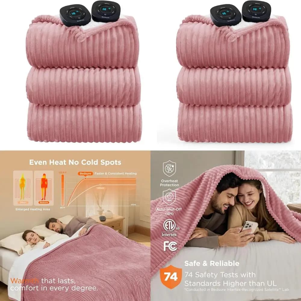 Coperta elettrica king size in morbida flanella a costine con doppi controlli, 10 impostazioni di calore e tempo, spegnimento automatico di 8 ore, rosa