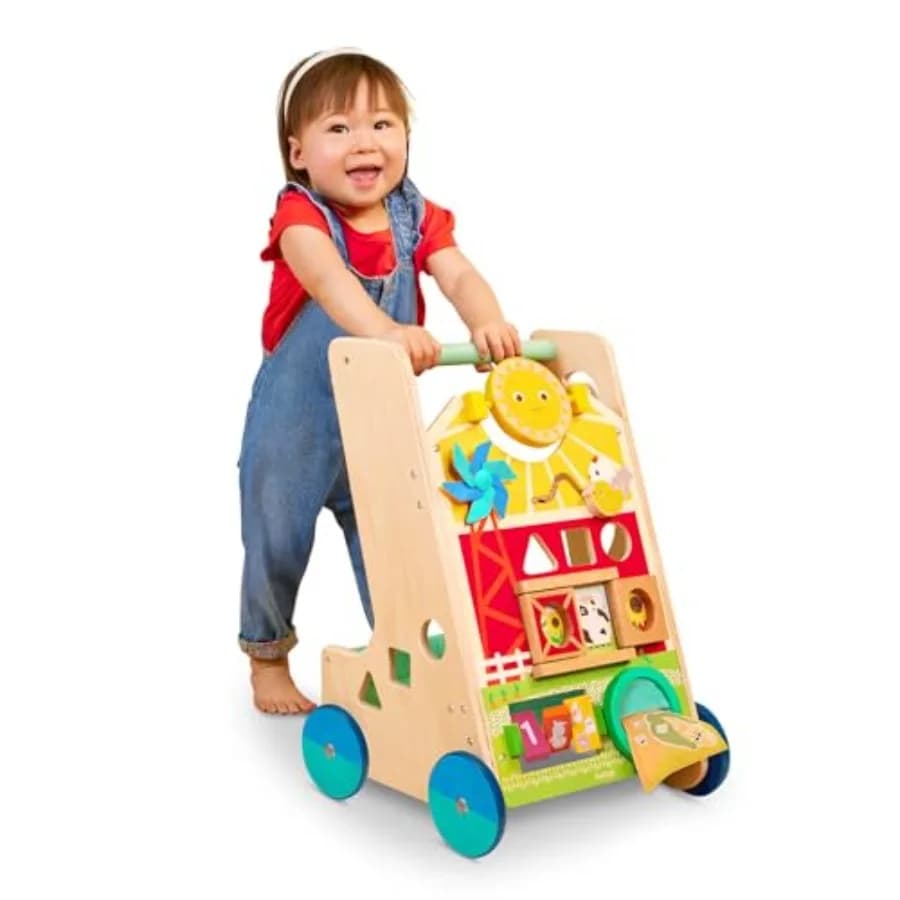 Girello in Legno per Bambini a Tema Fattoria, in Legno Naturale Multicolore, con 9 Attività Educative, Giocattolo per Imparare a Camminare per Bambini da 1 Anno