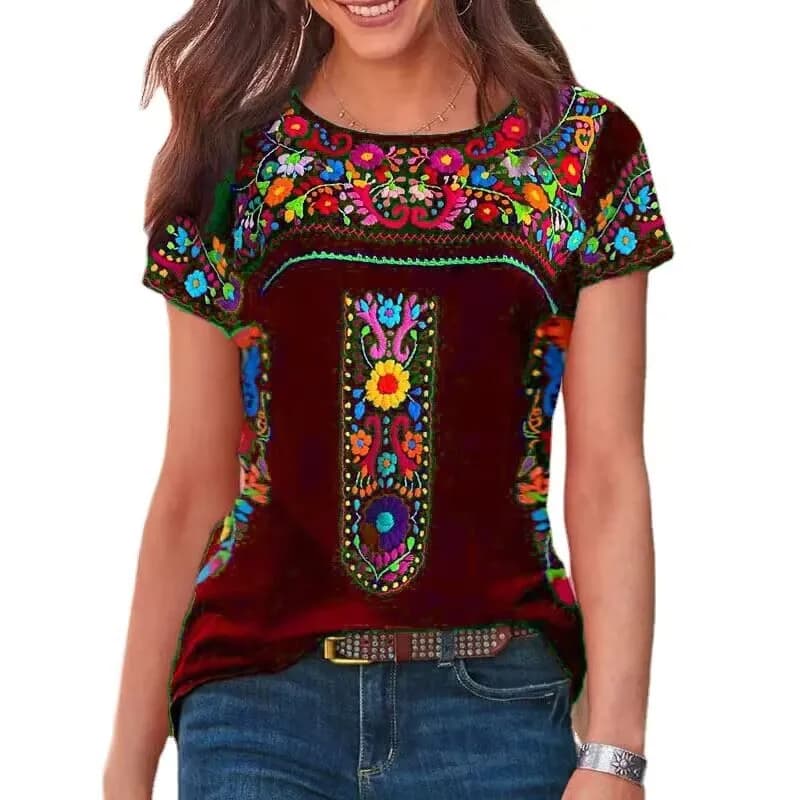 T-Shirt Ricamata Messicana per Donne, Camicetta a Maniche Corte con Ricami Floreali Tradizionali, Top Estivo Casual Boho Etnico