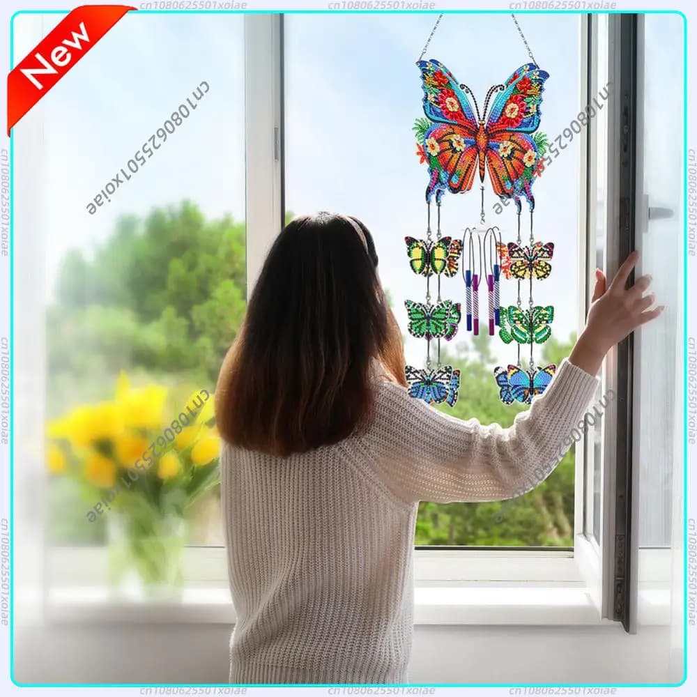 Campanelli a Vento con Fiori e Farfalle su Entrambi i Lati, Decorazione in Cristallo con Pittura Diamantata per Casa, Giardino e Finestra