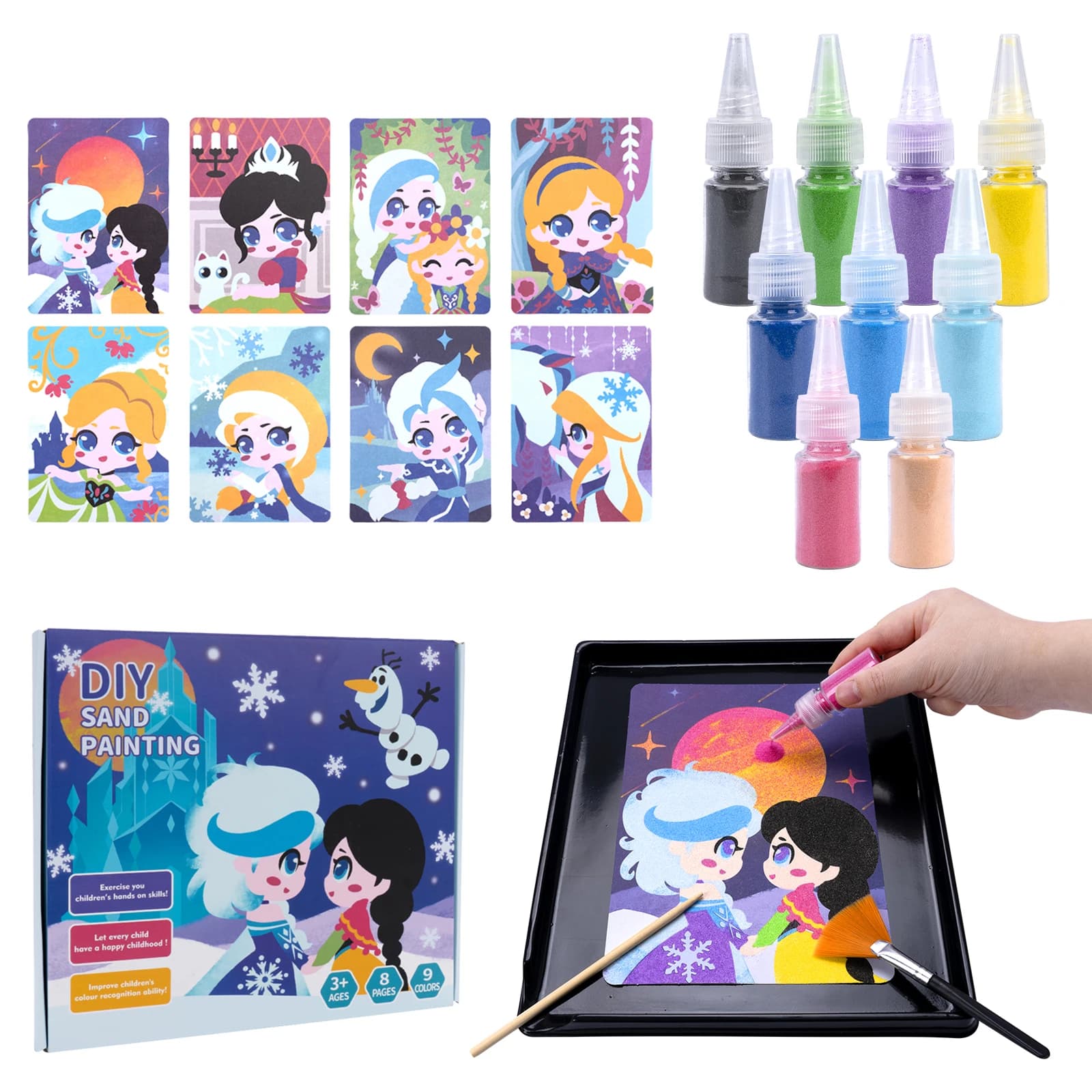 Kit d'arte con sabbia fai da te pittura con sabbia artigianale 12 carte di pittura con sabbia principessa 14 colori giocattoli Montessori giocattoli educativi per regali per bambini