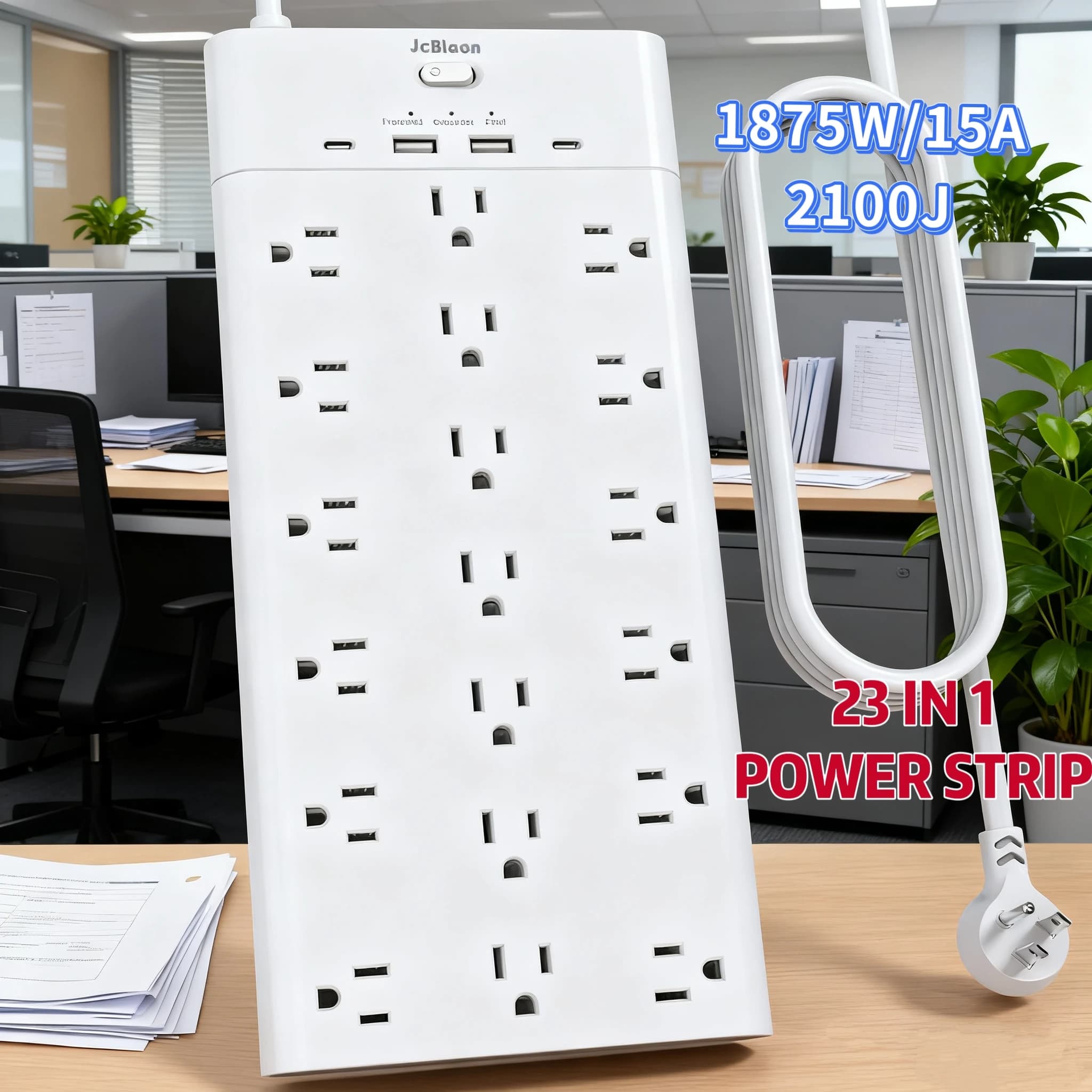 (1875W/15A,2100J) Power Strip 23 IN 1 Spina USA Prese CA Presa multipla Cavo di prolunga Interruttore elettrico Adattatore filtro di rete