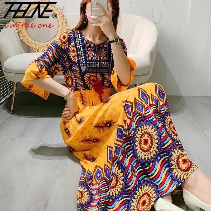 Retro Long Dress for Women Round Neck Elastic Waist Seven-Quarter Sleeve Maxi for Travel High Waist Cotton Beach Vestidos Robe