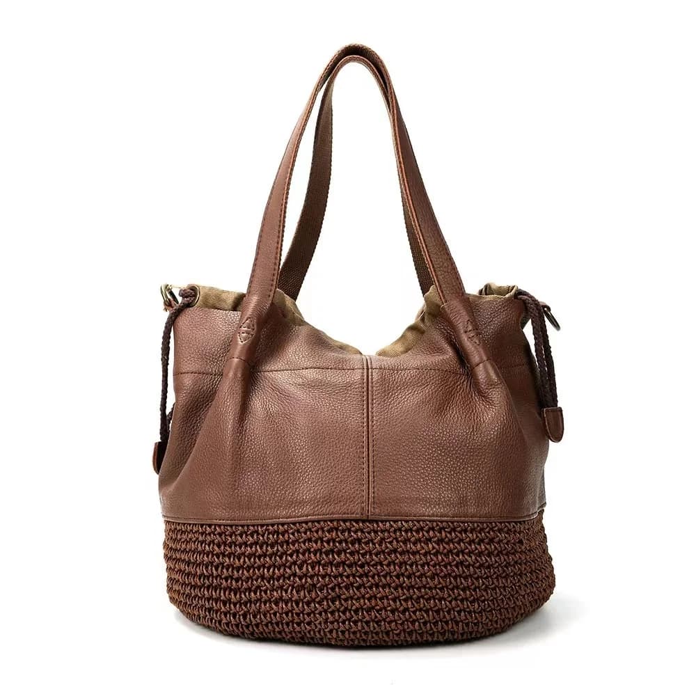 Genuine Leather Handmade Oil Wax Rope Woven Women's Handbag Large-capacity First Layer Cowhide One-shoulder Retro Tote Bag