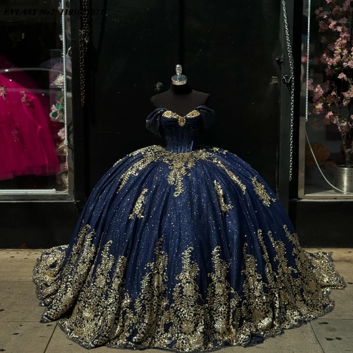 EVLAST Personalizzato Messicano Blu Navy Abito Quinceanera Abito di Sfera Oro Applique di Pizzo Che Borda Dolce 16 Abiti Da 15 Anos E2QA75