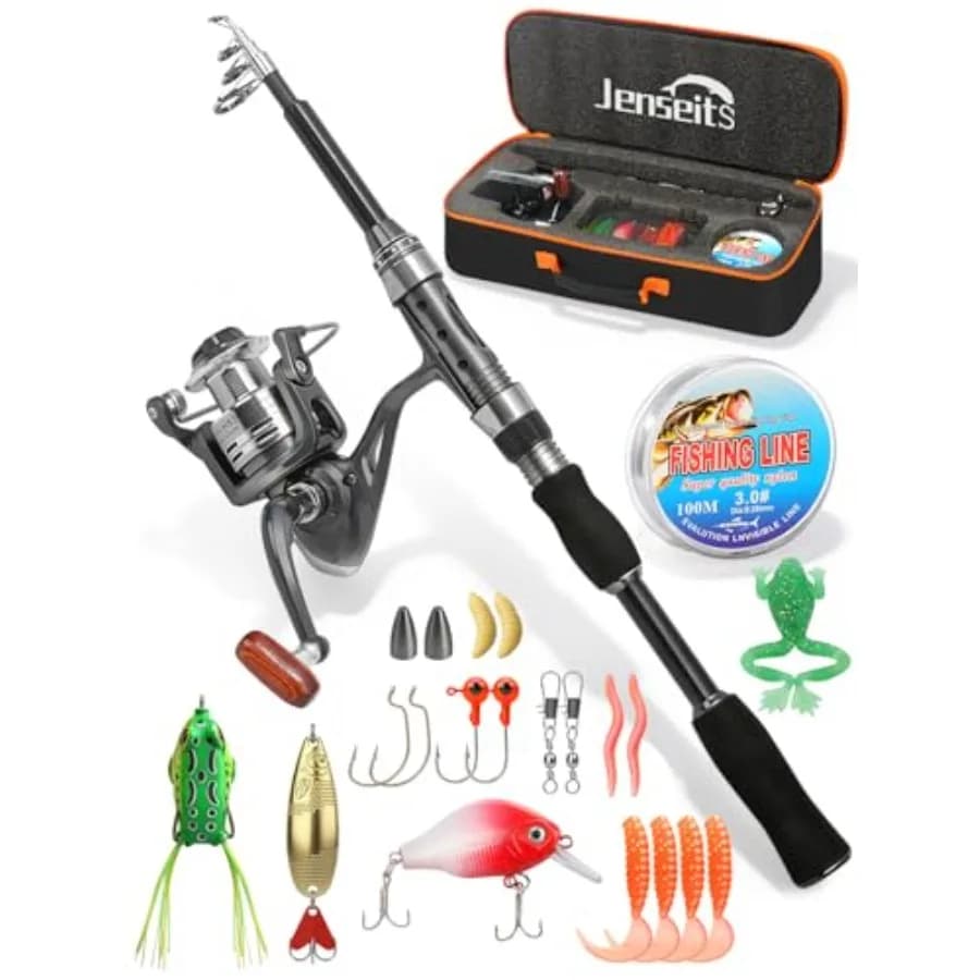 Canna da Pesca Telescopica in Fibra di Carbonio e Mulinello con Rapporto di Trasmissione 5.2:1 in Nero - Kit da Pesca Portatile da Viaggio